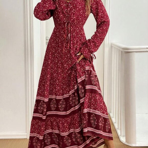 SHEIN Dresses & Skirts - Front Lace Up Long Sleeve Tiered allover Boho Red Floral Women's Maxi Dress S